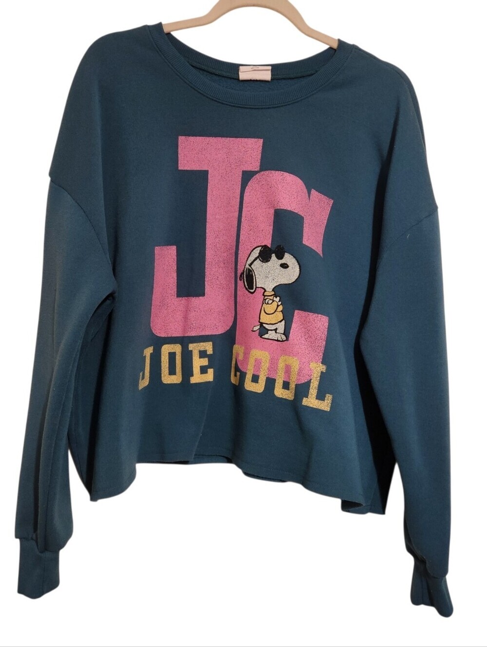Peanuts | Women's Green Joe Cool Snoopy Cropped Graphic Sweatshirt (Size XL)